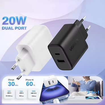 Ugreen, 20W Dual-Port Usb-A + Usb-C Smart & Fast Charger For Phones, Tablets & Ipads - X227 45302