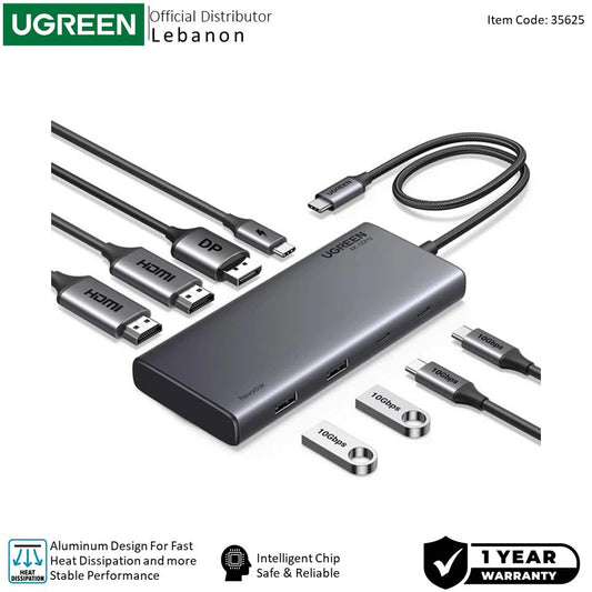 Ugreen, Triple Display 8-In-1 Usb-C Hub Docking Station 2X Usb + 2 Usb-C + Dp + 2X Hdmi + Pd Port - Cm639 35625