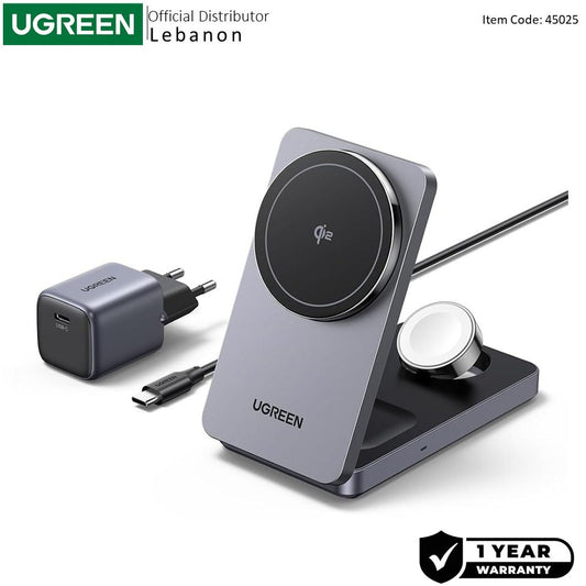 Ugreen, 3 In 1 25W Qi2 Magnetic Wireless Charger For Iphone, Airpods & Apple Watch, Wall Charger Included - W707 45025