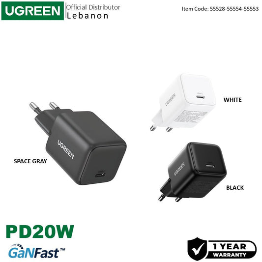 Ugreen, 20W Gan Tech Chip, Smart & Fast Charger For Phones, Tablets, Ipads - X512 55528 55554 55553, Available in Different Colors