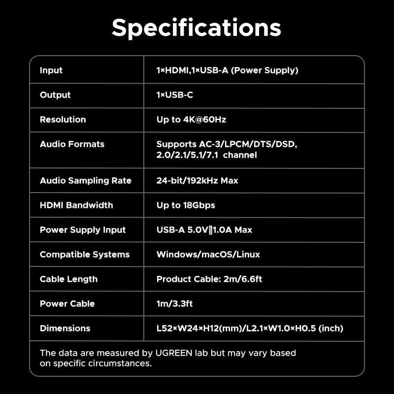 Ugreen, 4K@60Hz Active Hdmi To Usb C Adapter Cable 2M With Usb Power Unidirectional Hdmi To Thunderbolt - Cm773 35984A