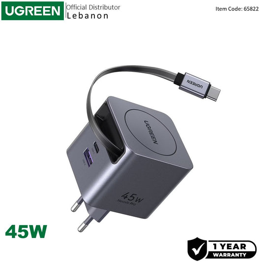 UGREEN, 45W Gan Usb?C Charger 3?Port Fast Adapter With Retractable Usb?C Cable, Gan Technology & Safety Protection - X614 65822