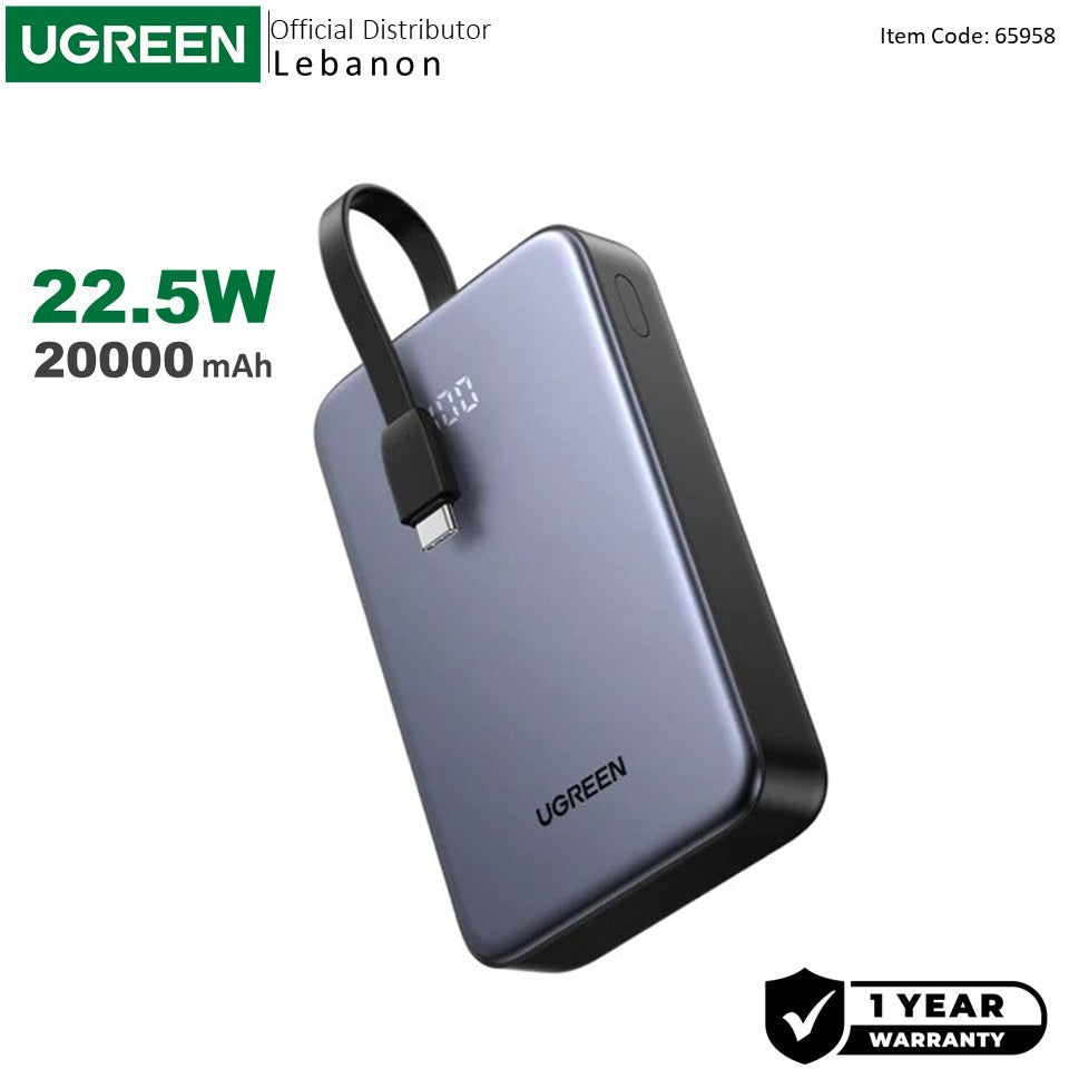 UGREEN, 20000Mah 22.5W Fast Charge Power Bank ? Built?In Usb?C Cable & Digital Display Pb505 45762