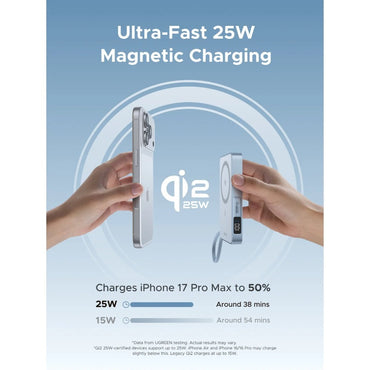 Ugreen, MagFlow 10000mAh Wireless Power Bank with Qi2 25W Certified Fast Charging & Magnetic MagSafe Compatibility - PB773 65958B