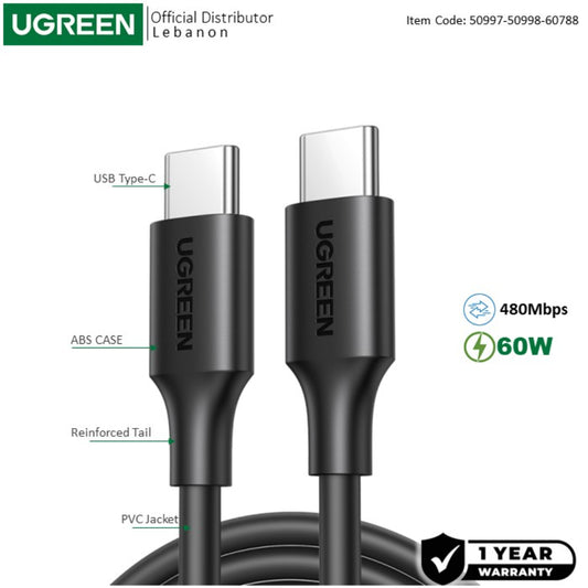 UGREEN USB-C to USB-C PD60W Fast Charge Cable, Available in 1M, 2M - US286 60518 60520 10306