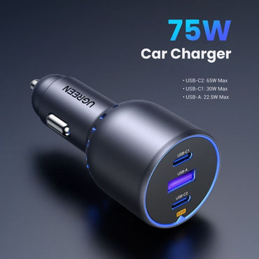 Ugreen, 75W 3 Ports Fast Car Charger, for Phones, Tablets, Ipads, Laptops & MacBooks - EC703 35024