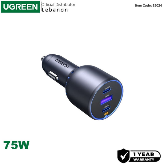 Ugreen, 75W 3 Ports Fast Car Charger, for Phones, Tablets, Ipads, Laptops & MacBooks - EC703 35024