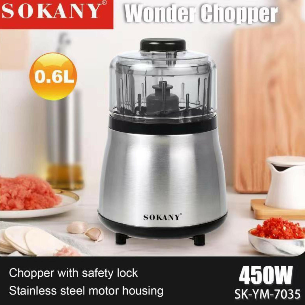 Sokany Grinder & Chopper With Stainless Body Meat & Vegetables Grinder YM-7035, 450W, 0.6L