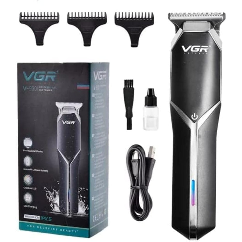 Vgr, Professional Cordless Rechargeable Hair Trimmer With Usb Charging Cable, Gradient Led Indicator, Professional Blades, 1200Mah Battery, 3 Guide Combs For Men Runtime: 180 Minutes, Black V-930