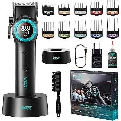 VGR, Rechargeable Professional Led Display Hair Trimmer Kit With 10 Guide Combs &?Charging Base V-001, VGR001