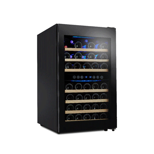 Campomatic Wine Cooler Under Counter Full Glass Front Design Dual Zone 45 Bottles Capacity Wood Shelves, WC45DZ