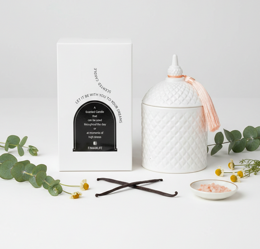 Finmanlife Scented Candle White Diamond Ceramic Jar with Pink Tassel Lid, SK933W