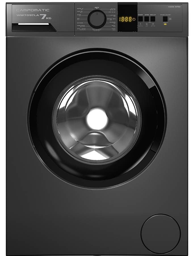 Campomatic, Washer, 7KG, 1000RPM, Dark Silver Anthracite, Large Digital Display, White body, Time Remaining Display, Auto Restart, Anthracite