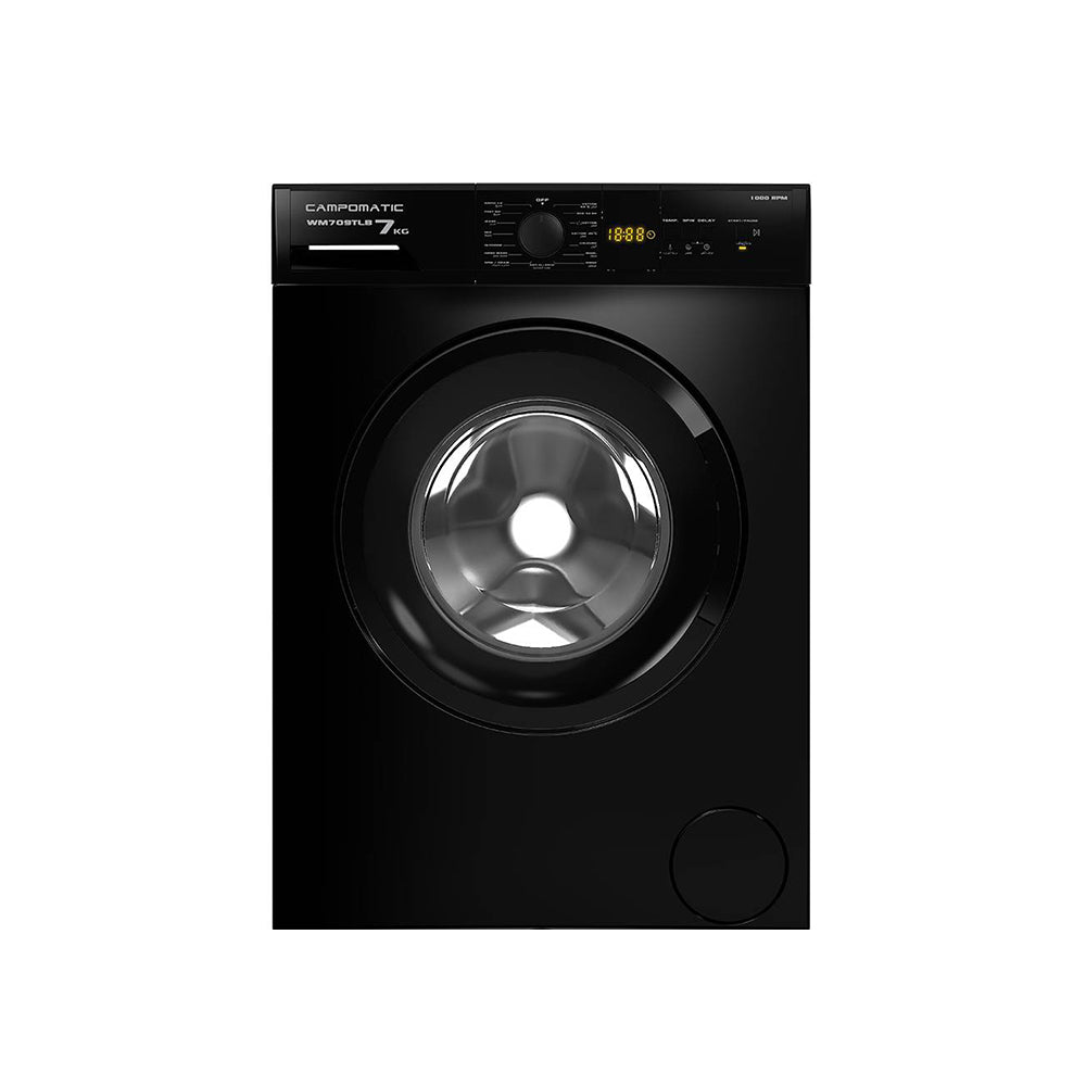Campomatic Washer 7Kg, 1000RPM, Dark Silver Anthracite, Large Digital Display, Black Body, Time Remaining Display, Auto Restart, Glossy Black, WM709TLB
