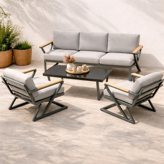 Premium Outdoor Sofa Set (3+1+1) with High Table - Aluminum Frame & Rubber Wood Armrests, X-RAY