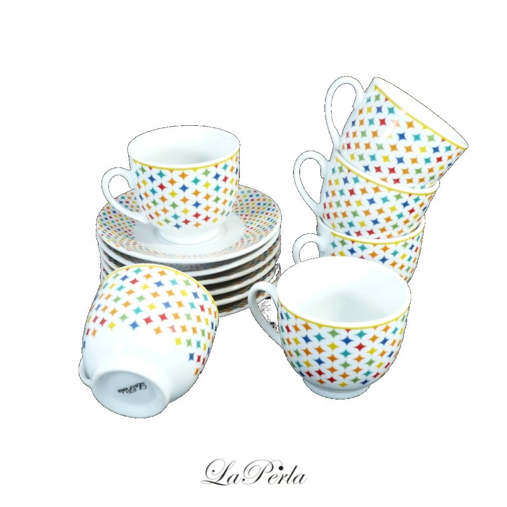 La Perla, 90cc Porcelain Coffee Cup and Saucer Set Decal Colorful Stars Original 12PCs