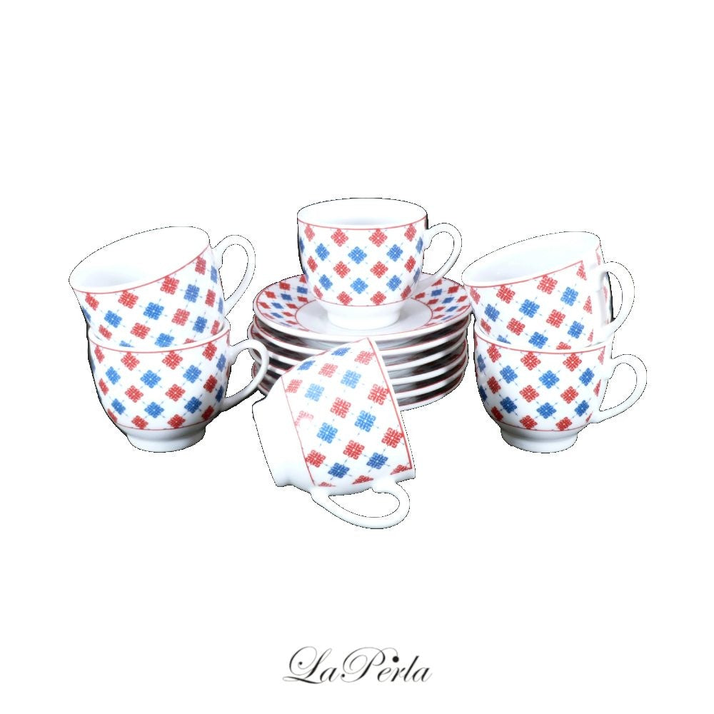 La Perla, 90cc Porcelain Coffee Cup and Saucer Set Decal Scotland Original 12PCs