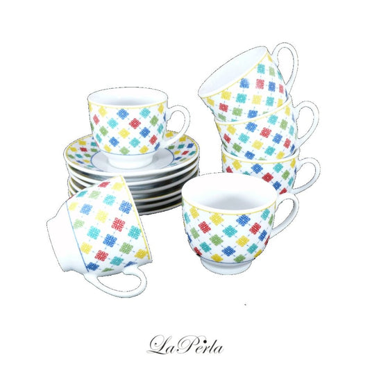 La Perla, 90cc Porcelain Coffee Cup and Saucer Set Decal Colorful Scotland Original 12PCs