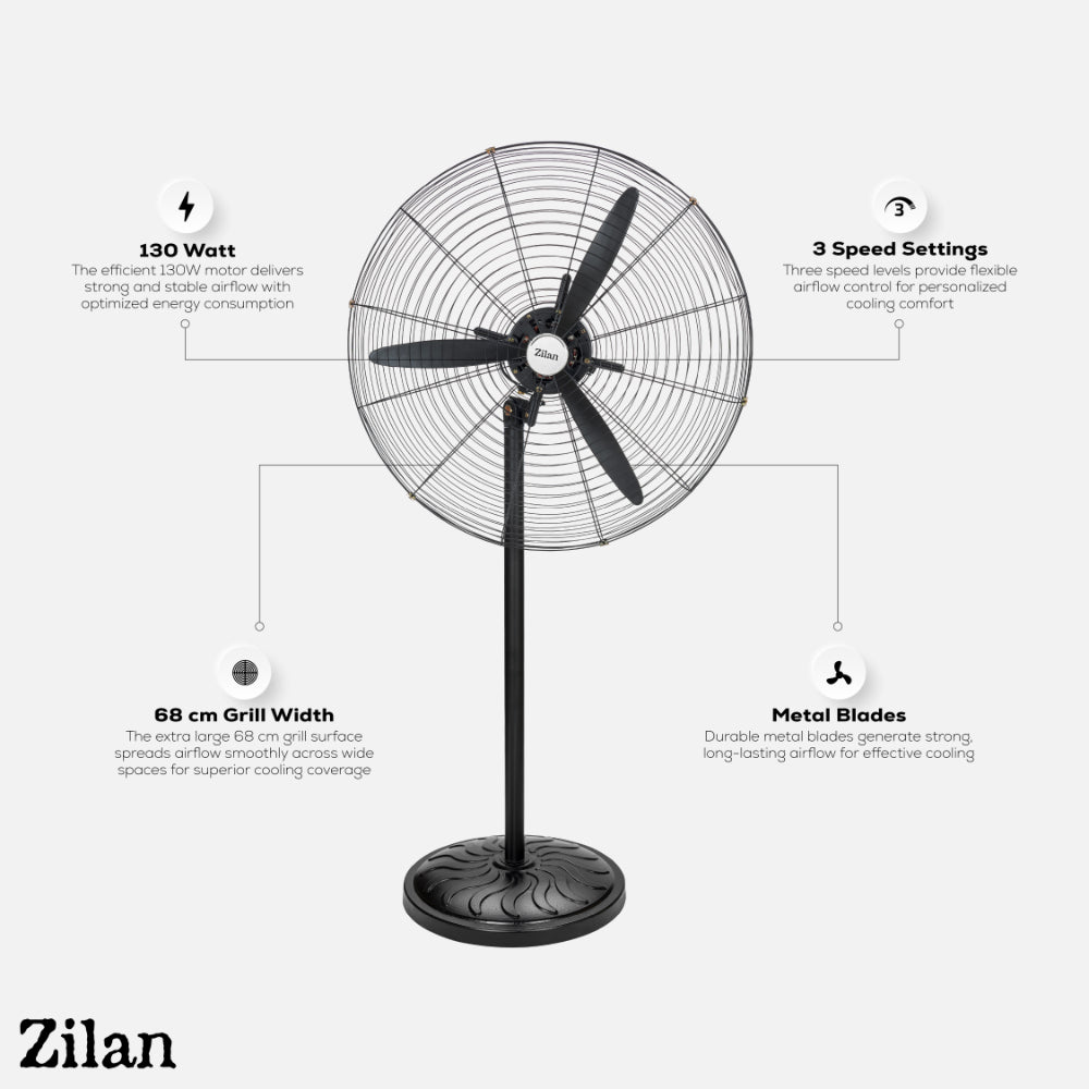 Zilan Stand And Wall Fan 130W, 26-Inch, 2 In 1, 3 Speeds, 3 Metal Blades, ZLN2549