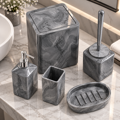 Ashford Grey Marble-Effect Square Bathroom Accessories Set – 5 Pieces | MA011