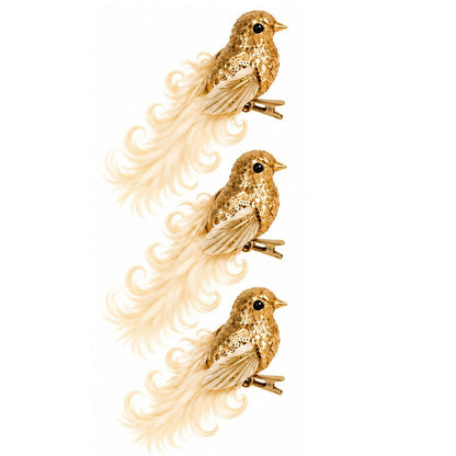 Set Of 3 Pcs Birds Curly On Clip Hanging Christmas Tree Decoration, Available in 3 Colors