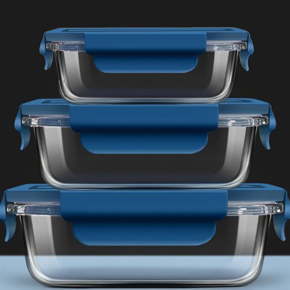 Cool Gift, Rectangle Glass Food Storage Containers with Blue Plastic Lids, Available in Different Sizes