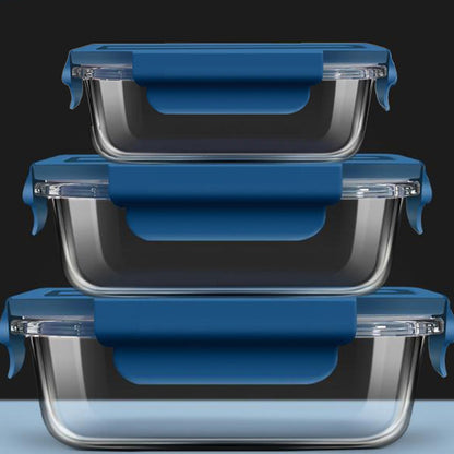 Cool Gift, Rectangle Glass Food Storage Containers with Blue Plastic Lids, Available in Different Sizes