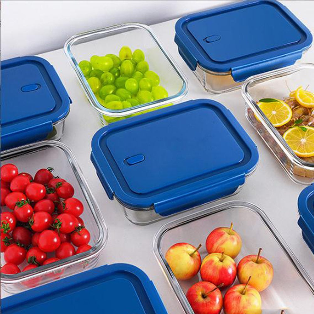 Cool Gift, Rectangle Glass Food Storage Containers with Blue Plastic Lids, Available in Different Sizes