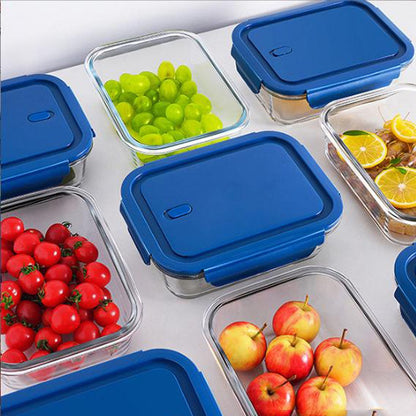 Cool Gift, Rectangle Glass Food Storage Containers with Blue Plastic Lids, Available in Different Sizes