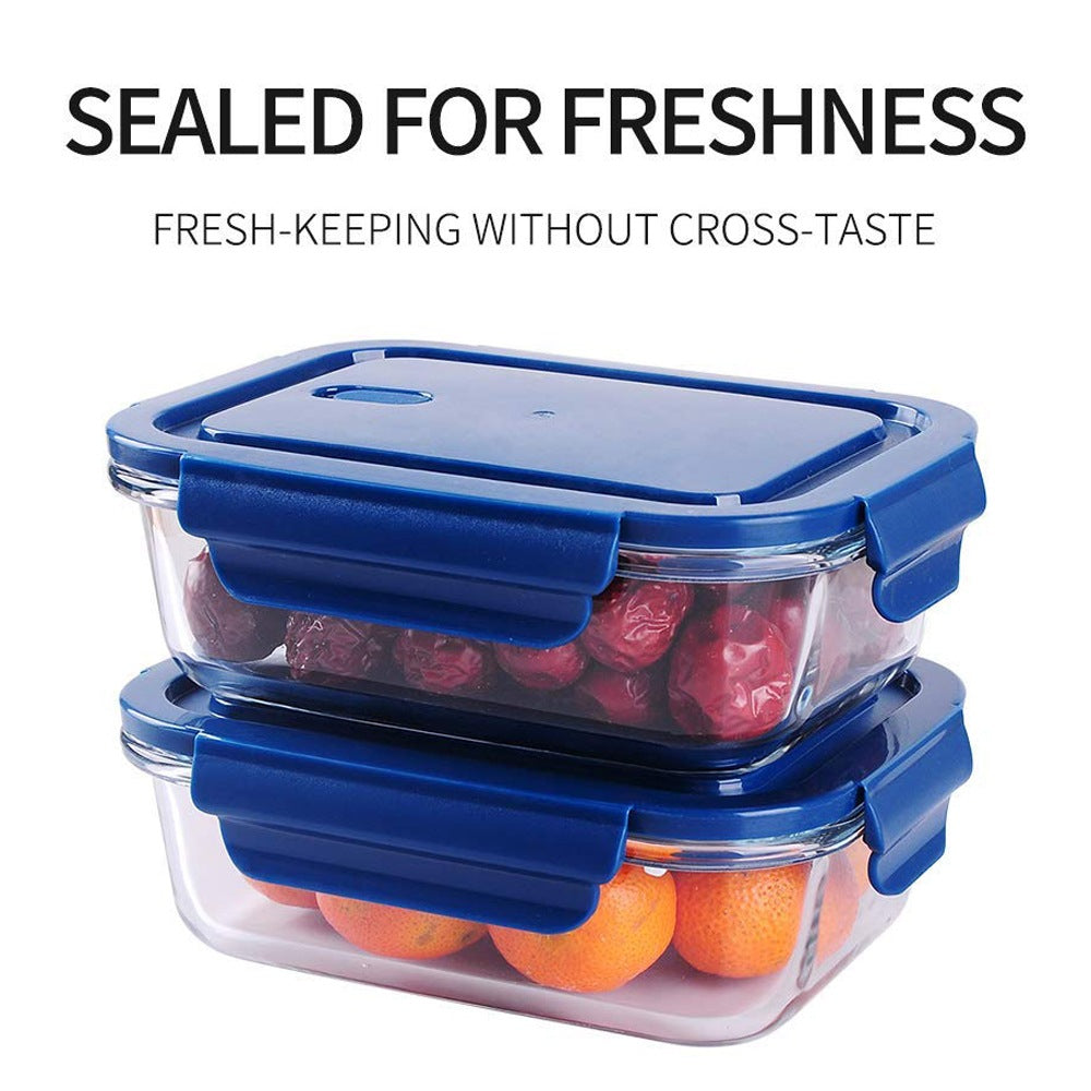 Cool Gift, Rectangle Glass Food Storage Containers with Blue Plastic Lids, Available in Different Sizes