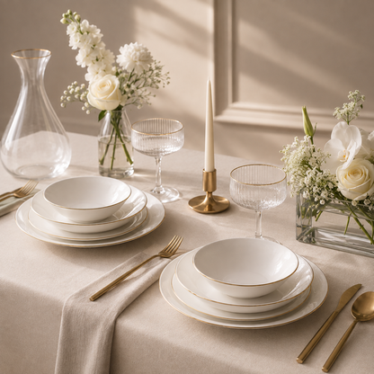 Karaca Elegance Bone Mari 24-Piece Fine Bone Porcelain Dining Set, 8683650406761