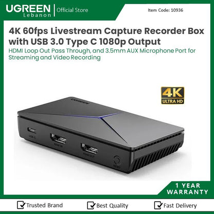 Ugreen, Hdmi Video Capture Device: 4K 60Fps Livestream Capture Ugreen Cm410 - 10936