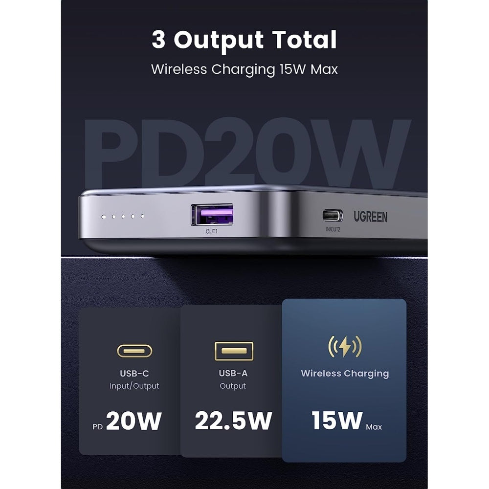 Ugreen, Dual Port 10000Mah Mini Magnetic Wireless 20W Power Bank With Hoder Charge 3 Devices Simultaneously Ugreen Pb206 - 15086