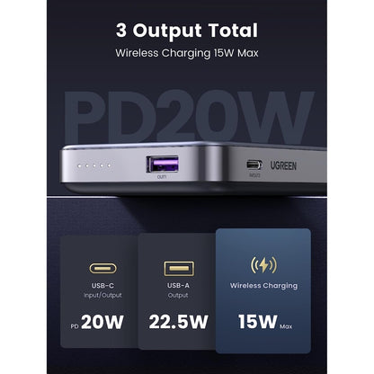 Ugreen, Dual Port 10000Mah Mini Magnetic Wireless 20W Power Bank With Hoder Charge 3 Devices Simultaneously Ugreen Pb206 - 15086