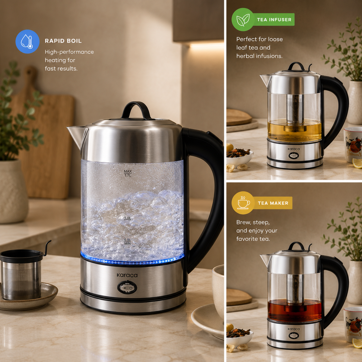 Karaca Inox Herbal Tea Maker & Electric Kettle ? 1.7L, LED & Stainless Steel, 153.01.06.4887