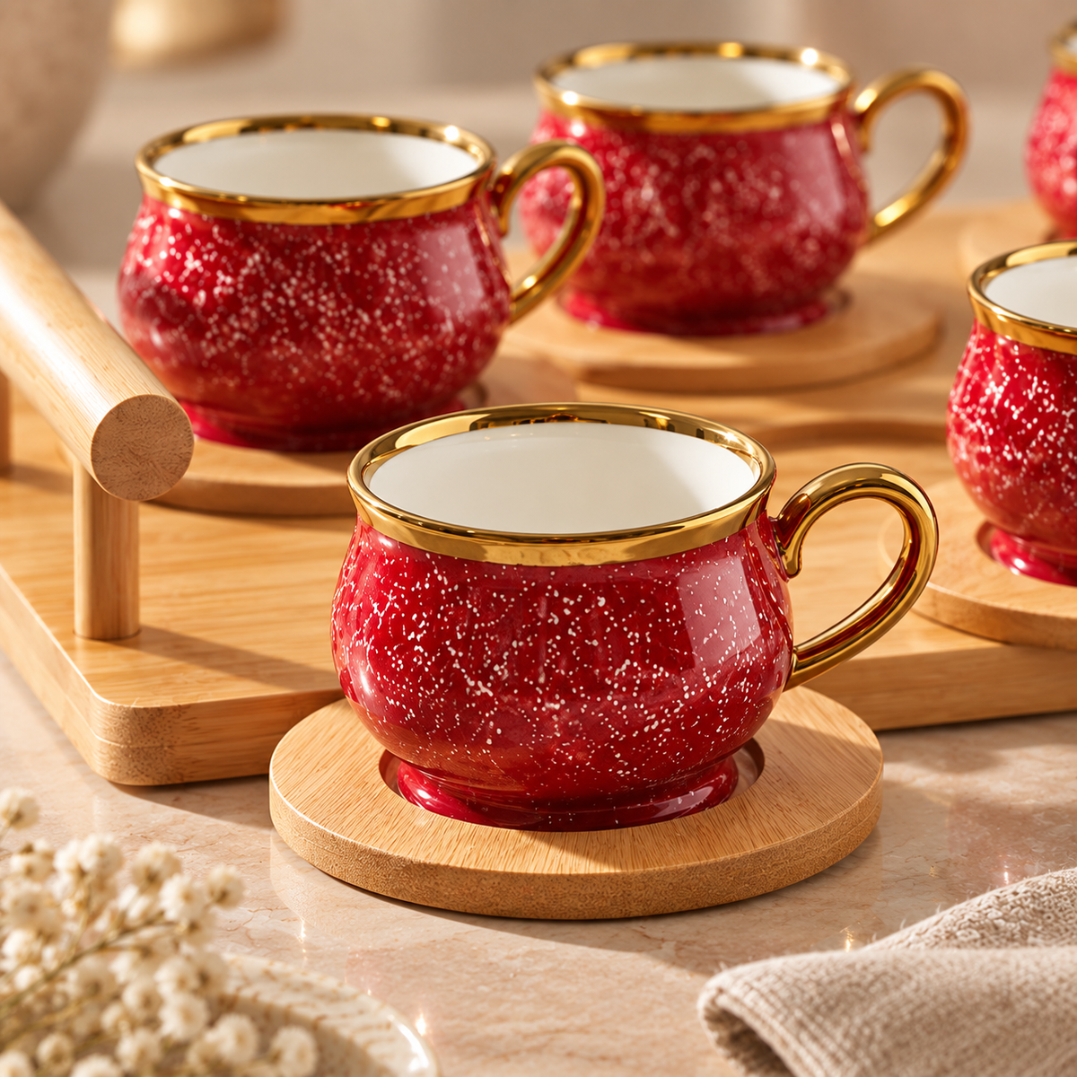 Karaca Red Coffee Cup Set for 6 People with Bamboo Tray – 90 ml, 153.03.05.0221