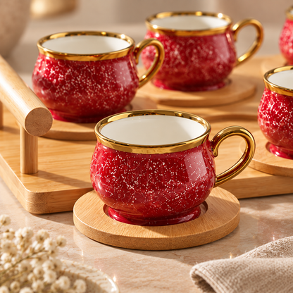 Karaca Red Coffee Cup Set for 6 People with Bamboo Tray – 90 ml, 153.03.05.0221
