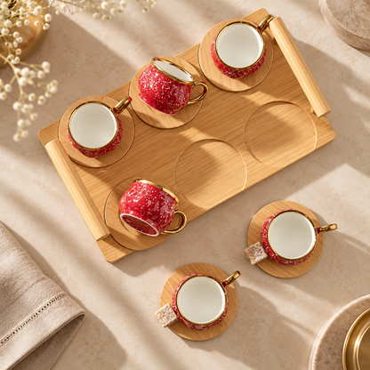 Karaca Red Coffee Cup Set for 6 People with Bamboo Tray – 90 ml, 153.03.05.0221