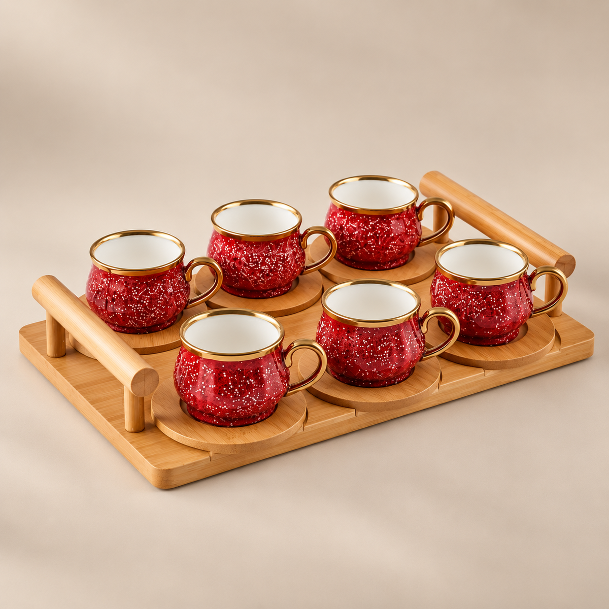 Karaca Red Coffee Cup Set for 6 People with Bamboo Tray – 90 ml, 153.03.05.0221