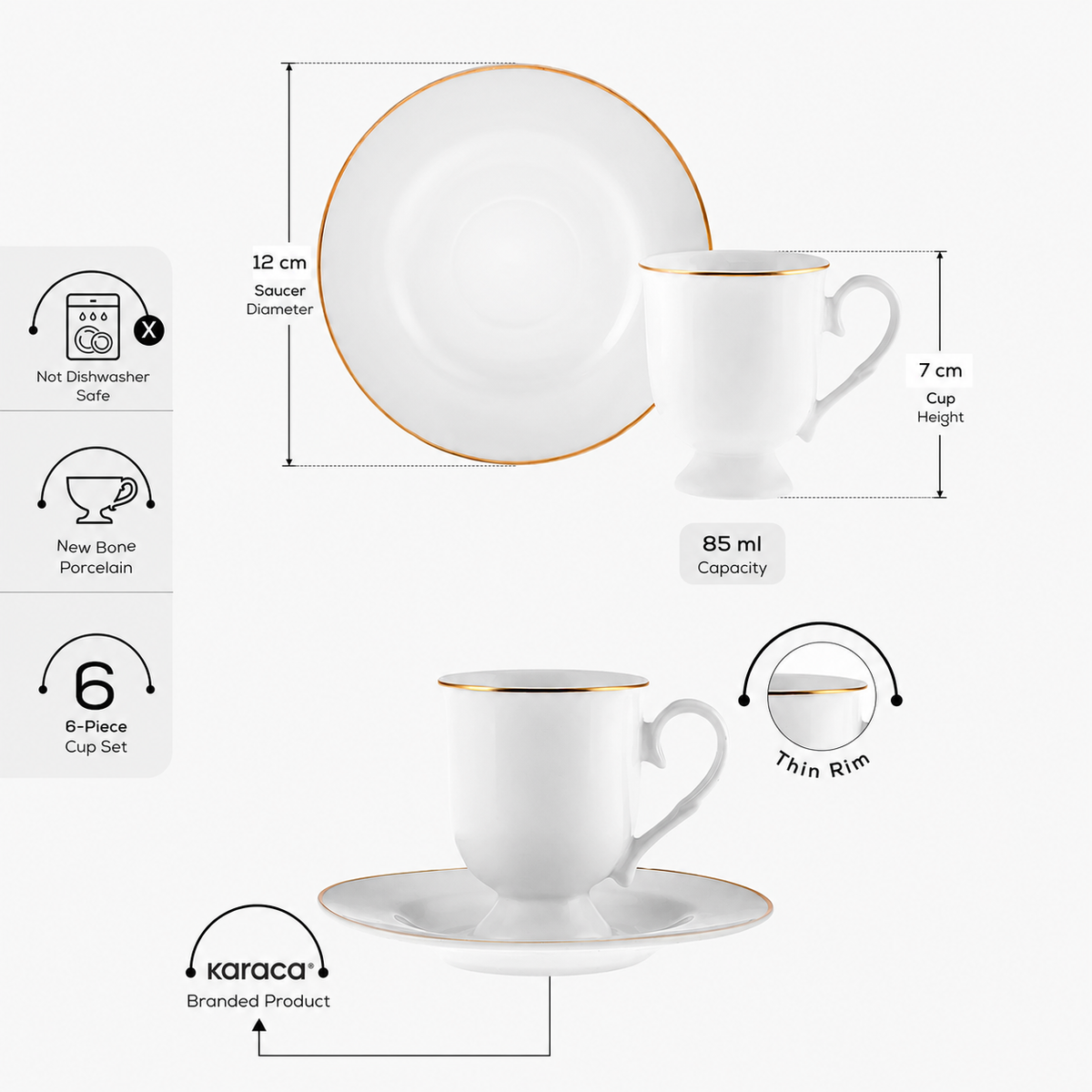 Karaca Alin 6-Piece Coffee Cup Set with Saucers 85 ml, 153.03.05.0235