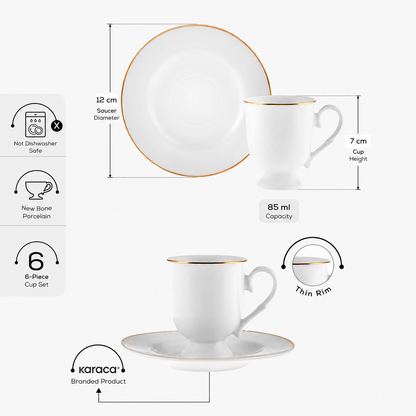 Karaca Alin 6-Piece Coffee Cup Set with Saucers 85 ml, 153.03.05.0235