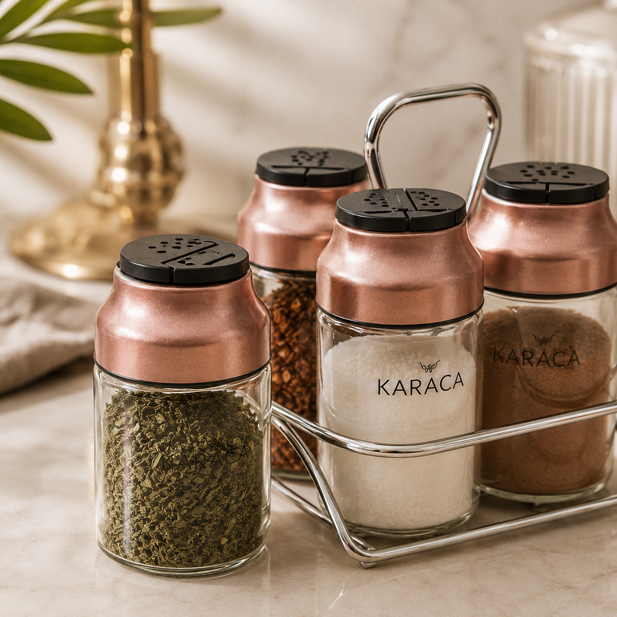 Karaca Dimple 4-Piece Glass Spice Rack Set and Stand – Rose Gold, 153.03.06.1682
