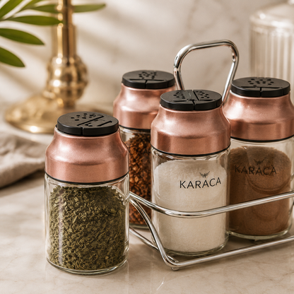 Karaca Dimple 4-Piece Glass Spice Rack Set and Stand – Rose Gold, 153.03.06.1682