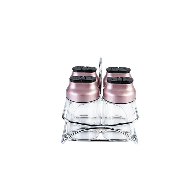 Karaca Dimple 4-Piece Glass Spice Rack Set and Stand – Rose Gold, 153.03.06.1682