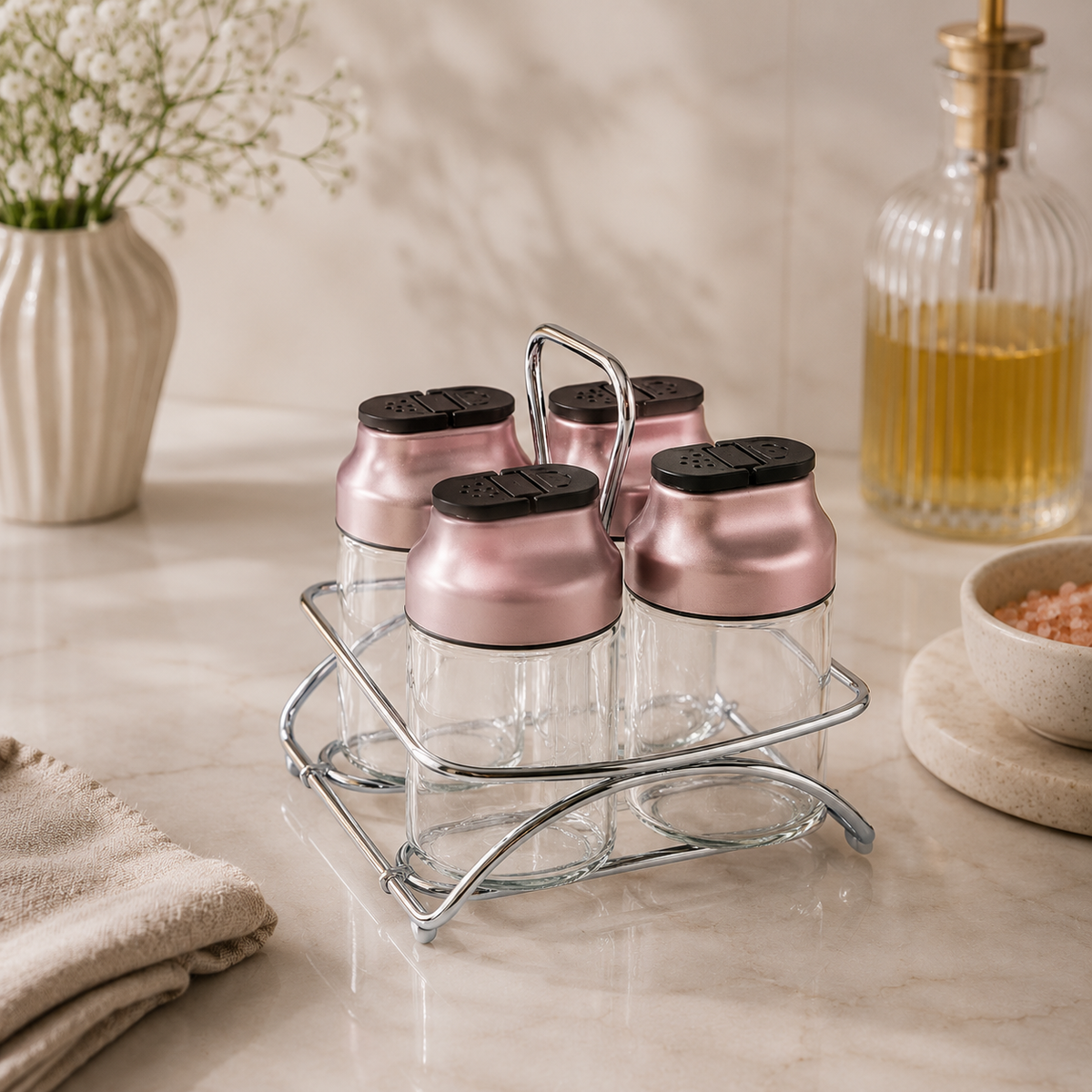 Karaca Dimple 4-Piece Glass Spice Rack Set and Stand – Rose Gold, 153.03.06.1682