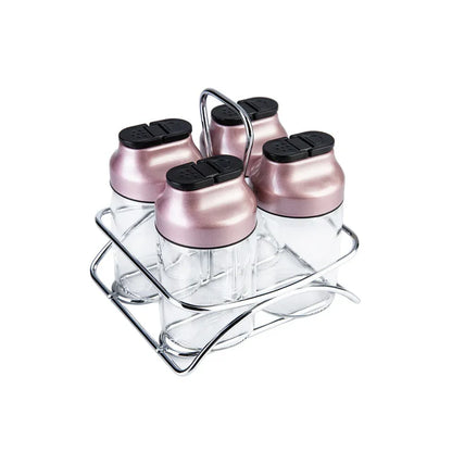 Karaca Dimple 4-Piece Glass Spice Rack Set and Stand – Rose Gold, 153.03.06.1682
