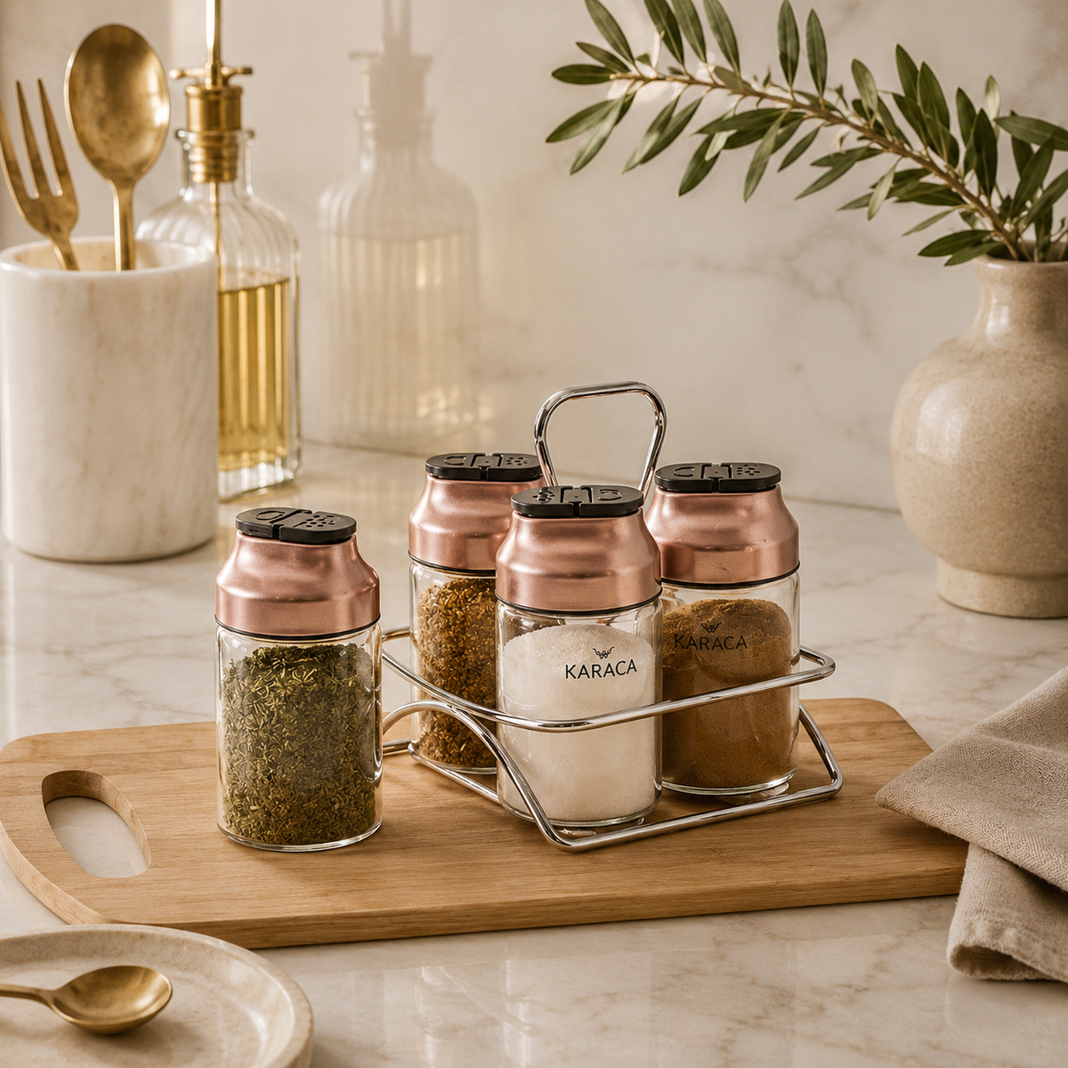 Karaca Dimple 4-Piece Glass Spice Rack Set and Stand – Rose Gold, 153.03.06.1682