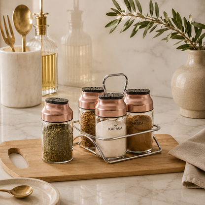 Karaca Dimple 4-Piece Glass Spice Rack Set and Stand – Rose Gold, 153.03.06.1682