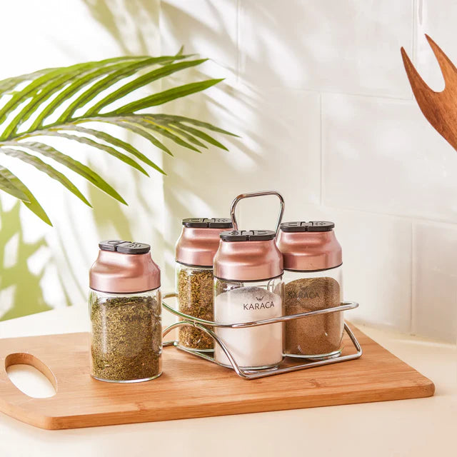 Karaca Dimple 4-Piece Glass Spice Rack Set and Stand – Rose Gold, 153.03.06.1682