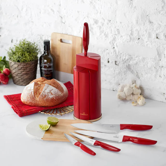 Karaca Retro Red 6-Piece Knife Set with Stand, 153.03.06.1749